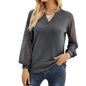 Women Clothing Autumn Winter Waffle Lace Stitching Long Sleeve V-neck T-shirt Top For Women