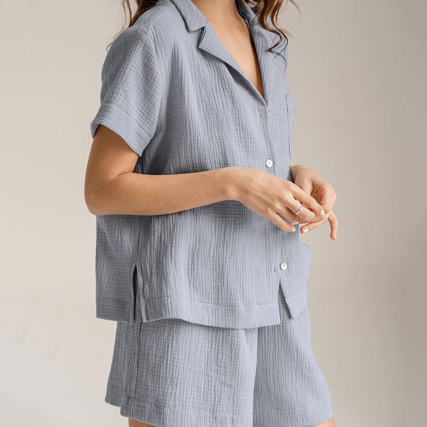 Summer Cotton Linen French Simplicity Sports Shirt Shorts Double Layer Gauze Pajamas Women  Homewear