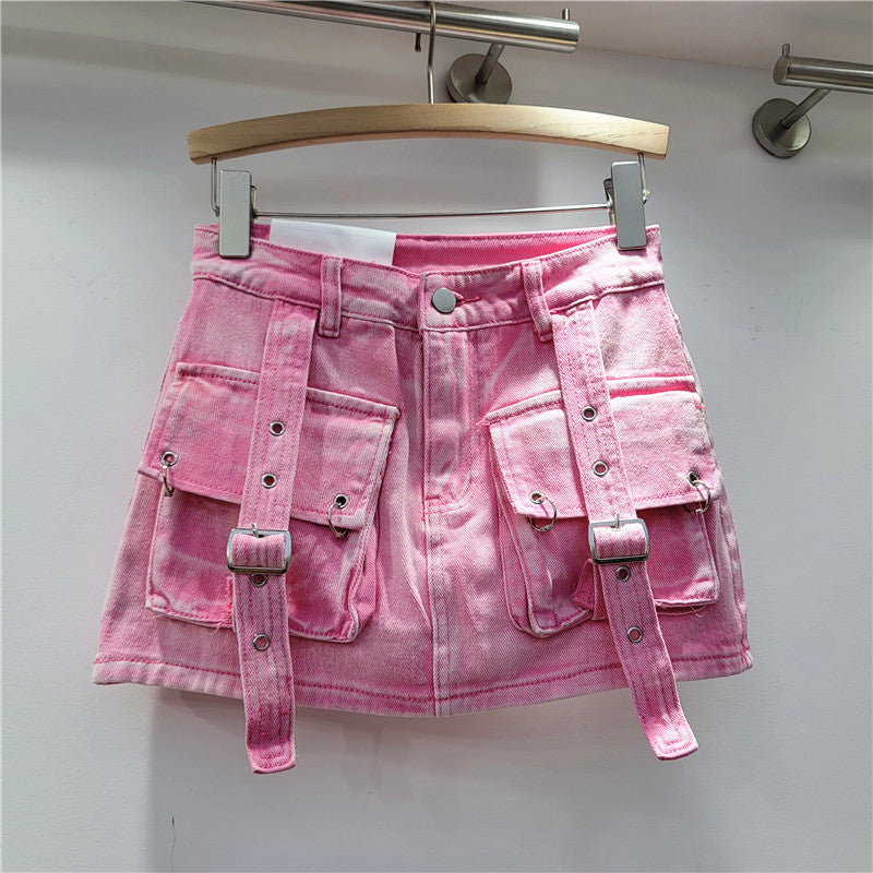 Retro Sexy Pink Three Dimensional Pocket Strap Anti Exposure A Line Slimming Workwear Short Skirt Women