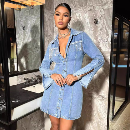 Women Clothing Waist Controlled Slimming Long Sleeve Denim Tassel Dress