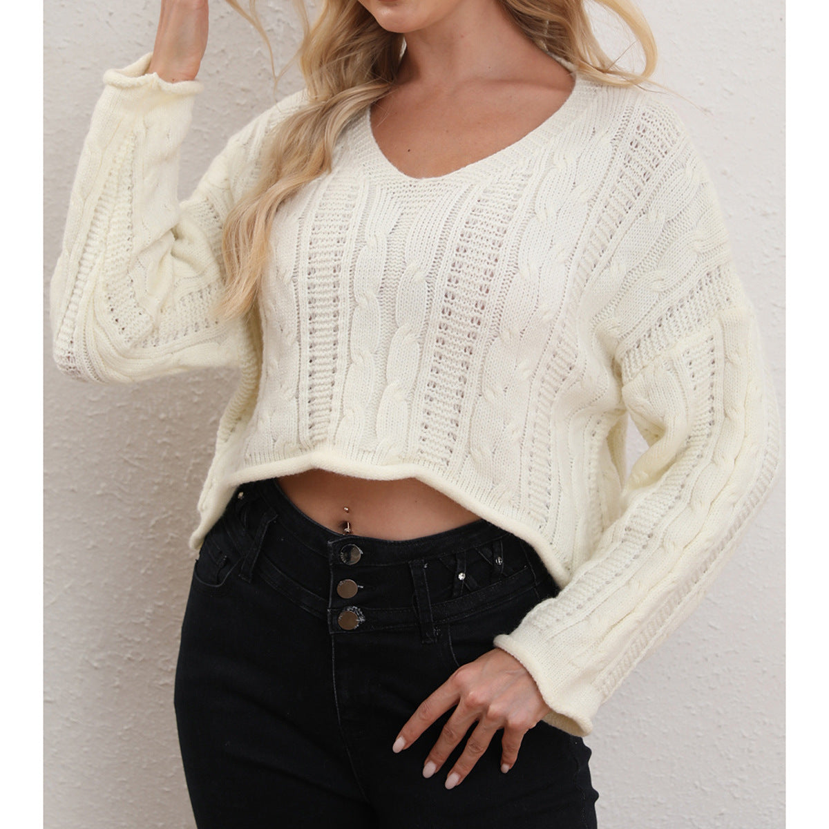 Women Clothing Women V Neck Solid Color Twist Knitted Pullover Fall Winter Short Sweater Women