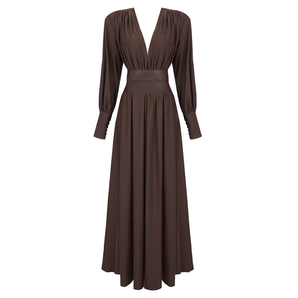 Spring Summer Chocolate Design Waist Seal Pleated Dress Brown Women Dress