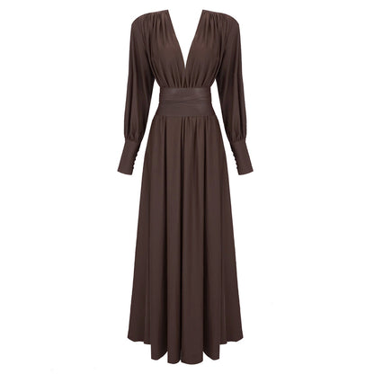 Spring Summer Chocolate Design Waist Seal Pleated Dress Brown Women Dress