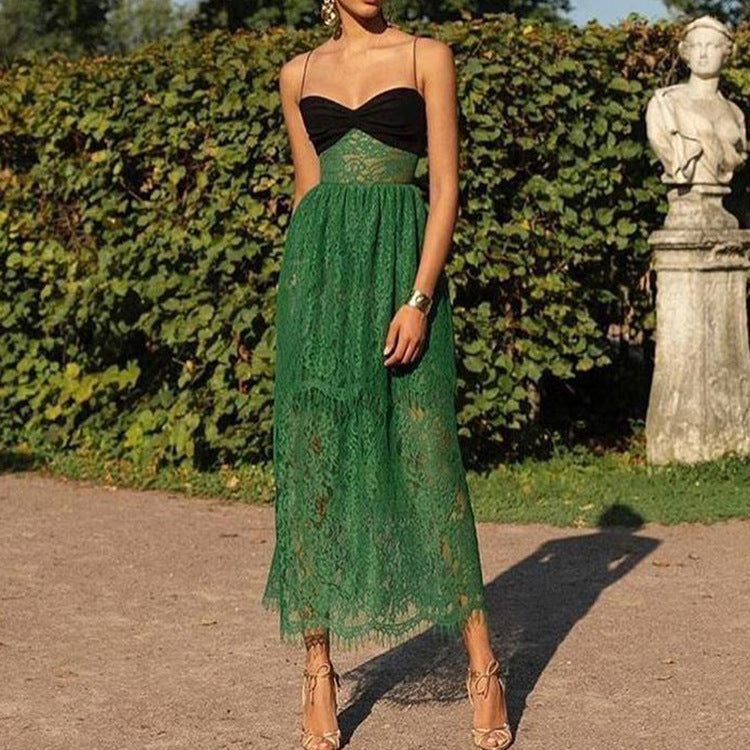 Women Clothing Sexy Suspenders Lace Green Hollow Out Cutout Holiday Mopping Maxi Dress