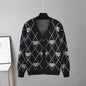 V neck Rhombus Knitted Cardigan for Women Autumn Winter Loose Outer Wear Bandage Dress Waistcoat Lovely Sweater Outer Wear