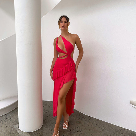 Women Clothing Sexy Oblique Shoulder Irregular Asymmetric Ruffled Split Waist Hollow Out Cutout out Little Red Dress French