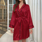 Women Household Pajamas Emulation Silk Nightgown Collar Pajamas Bathrobe Homewear