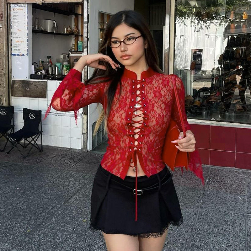 Women Clothing Summer Solid Color Lace Strap See through Slim Fit Sexy Top