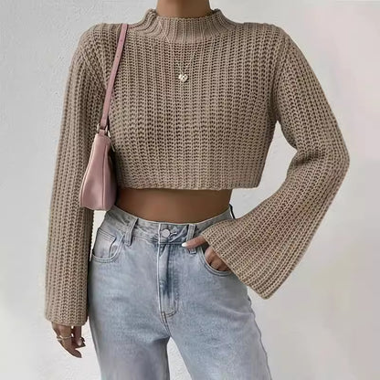 Autumn Winter Solid Color High Waist Short Bell Sleeve Half Turtleneck Pullover Sweater for Women