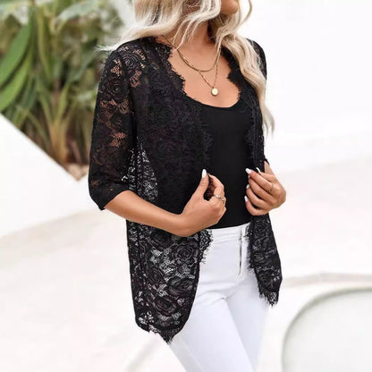 Elegant Women Cardigan Placket Stitching Lace Lace Lace Top