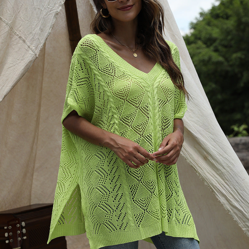 Summer Batwing Sleeve Loose Knitted Blouse Solid Color V Neck Hollow Out Cutout Short Sleeve Knitted Shawl