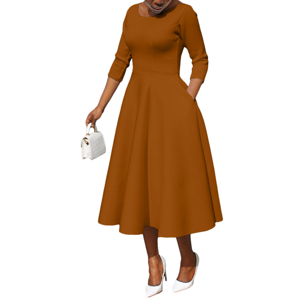Women Clothing Spring Solid Color U Collar Pocket Large Swing Dress