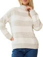 Women Half Turtleneck Pullover Long Sleeve Pearl Sweater Striped Contrast Color Chenille Top