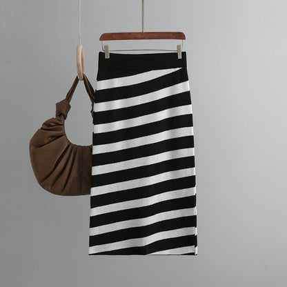 Autumn Oblique Striped Knitted Skirt Women Slim Fit Slimming Mid Length One Step Skirt Hip Skirt