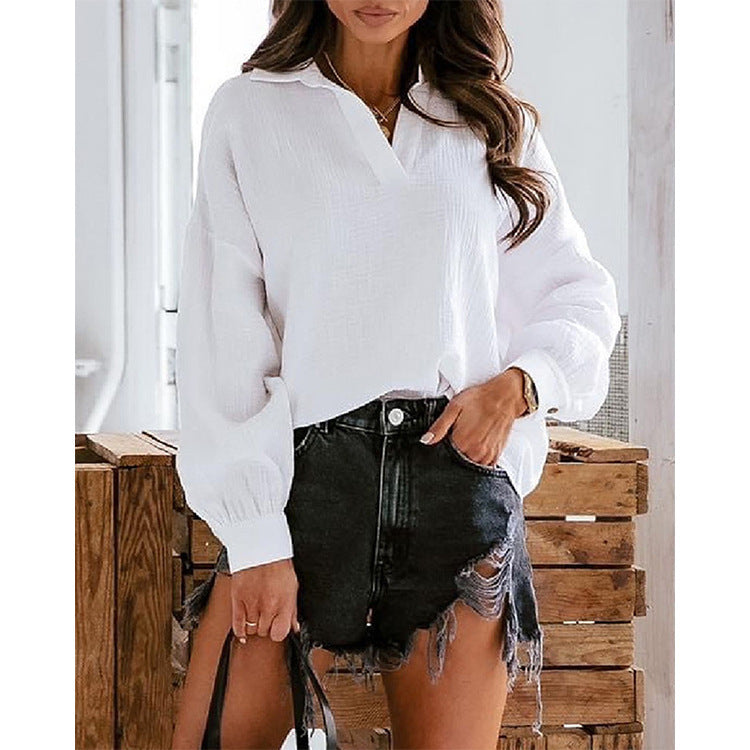 Autumn Winter Polo Collar Lantern Long Sleeve Solid Color Shirt Women Top