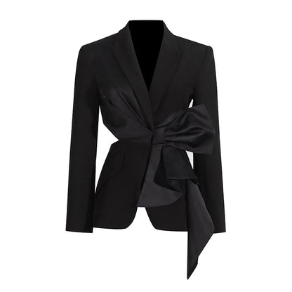 Summer Sexy V neck Cropped Outfit Bow Stitching Design Lace up Waist Tight Blazer for Women