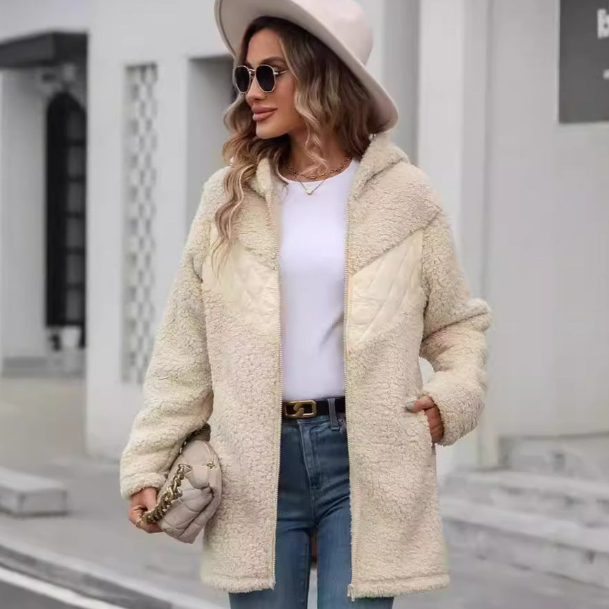 Arrival Women Clothing Autumn Winter Cardigan Hooded Mid Length Loose Zip Plush Coat for Women