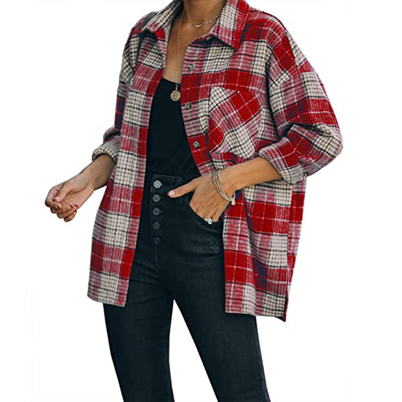 Plaid Shirt Women Mid-Length Long Sleeve Women Coat Plaid Shirt Top