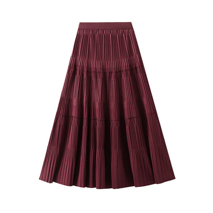 Fall Korean Elastic Waistband Pleated Skirt High Waist Slimming All Matching Mid Length A Line Skirt