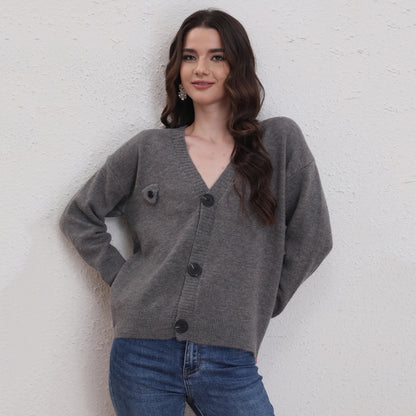 Women Clothing V Neck Button Sweater Cardigan Autumn Winter Casual Sweater