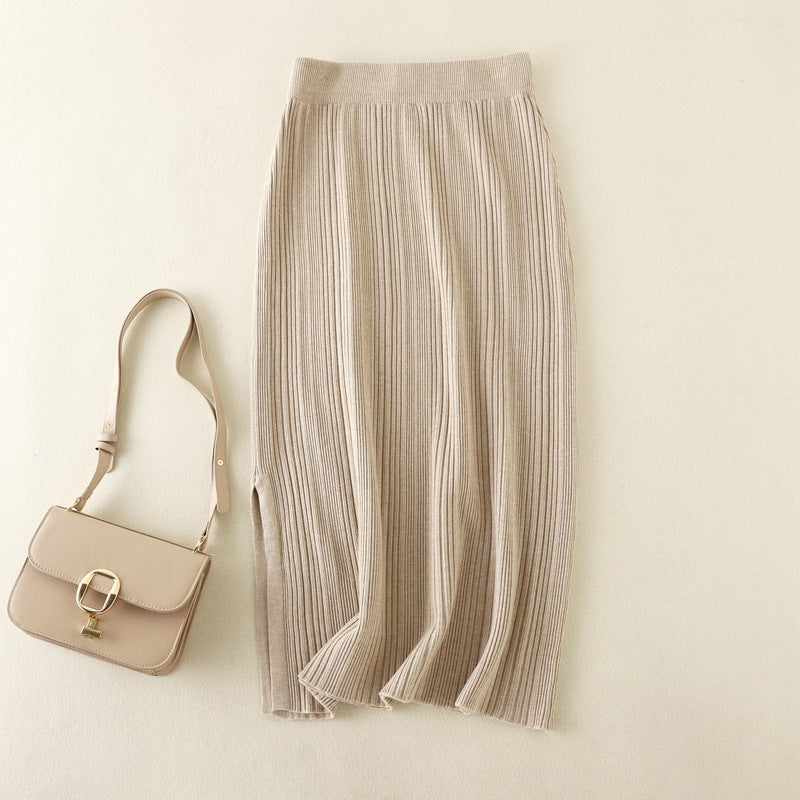 Autumn Winter Casual Knitted Slit Skirt High Waist Stretch Solid Color Inner Wear Slimming Sheath Skirt for Women