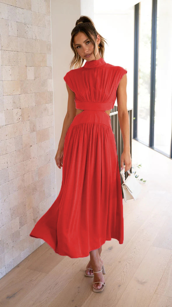 Sweet Street Summer Stand Collar Solid Color Cropped Outfit Maxi Dress