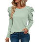 Autumn Winter Arrival Long Sleeve Pleated Patchwork Round Neck Waffle T shirt Top Women