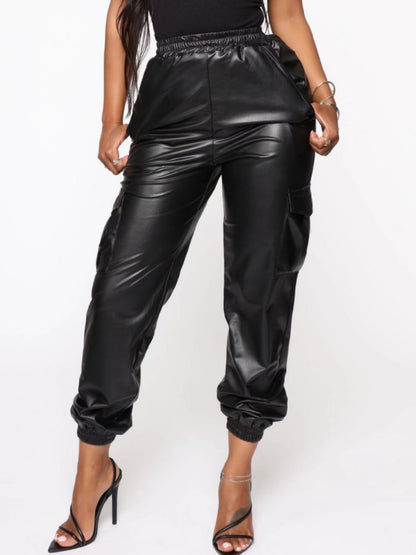 Faux Leather Overalls Trendy Women Pants Ankle Tied Loose Leather Pants Basic Trousers