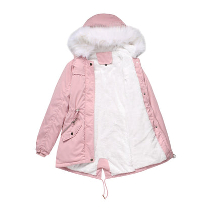 Parka Women Plus Size Mid-Length Fleece Lined Coat Women Warm with Fur Collar Loose Winter Coat Plus Size