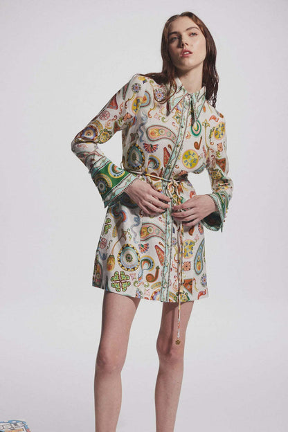 Elegant Socialite Collared Tied Waist Positioning Printing Linen Vacation Long Sleeve Dress Women