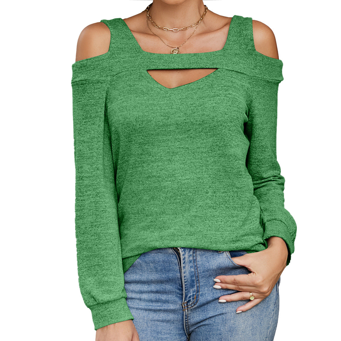 Women Cutout out Chicken Collar Solid Color Long Sleeve Loose Top Women T shirt