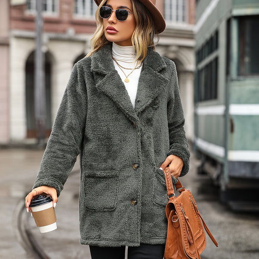 Autumn Winter Women Long Sleeved Collar Loose Mercerized Plush Casual Long Coat