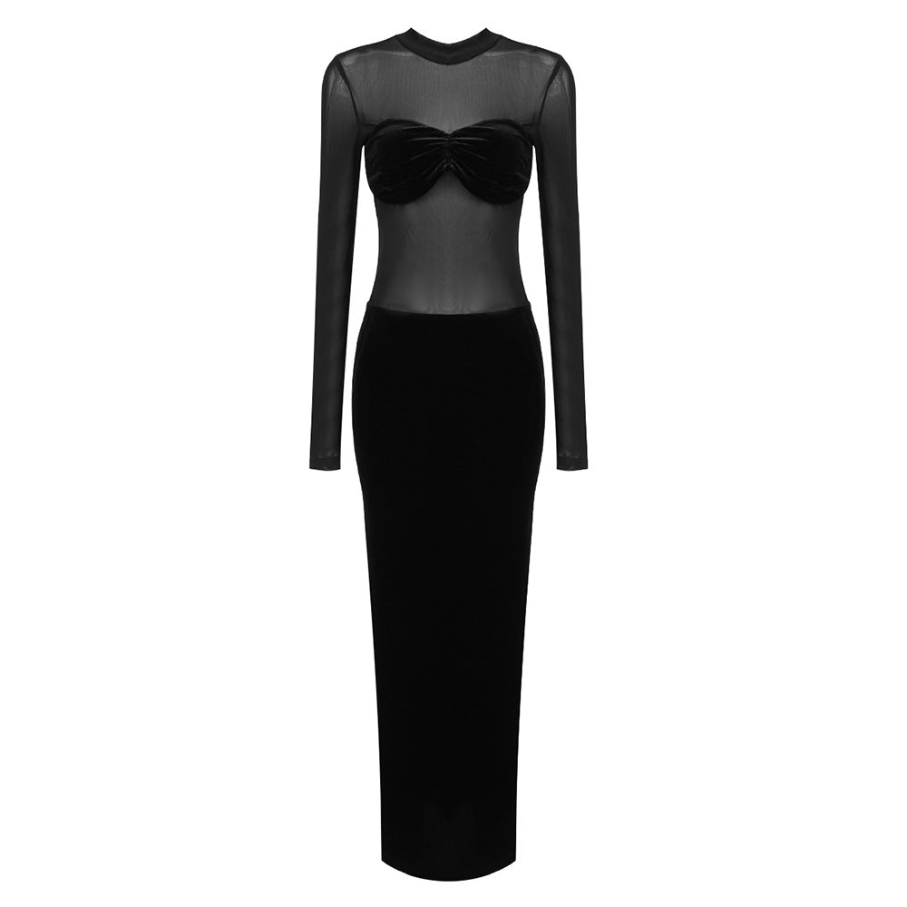 Black Long Sleeve Mesh Velvet Stitching Autumn Winter Long Hip Sexy Dress Slim Fit