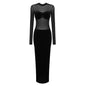 Black Long Sleeve Mesh Velvet Stitching Autumn Winter Long Hip Sexy Dress Slim Fit