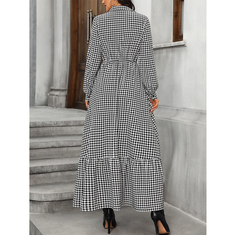 Women Clothing Long Sleeve Dress Shirt Collar Black White Plaid High Waist Dress