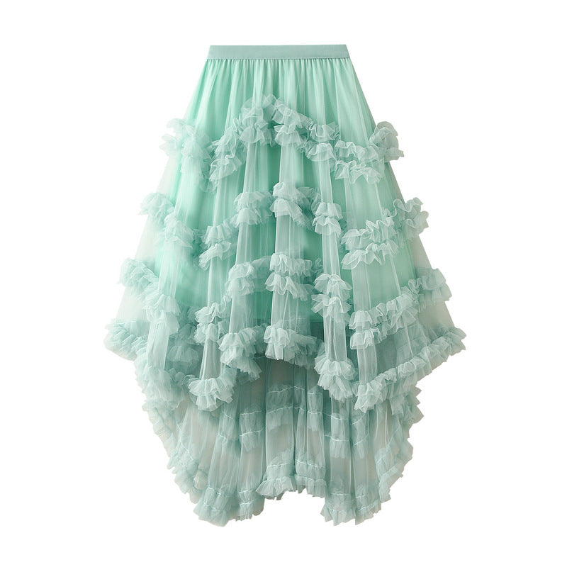 Yarn Skirt Candy Color Elastic Waist Fairy Mesh Skirt Puffy Irregular Asymmetric Ruffled Tiered Dress