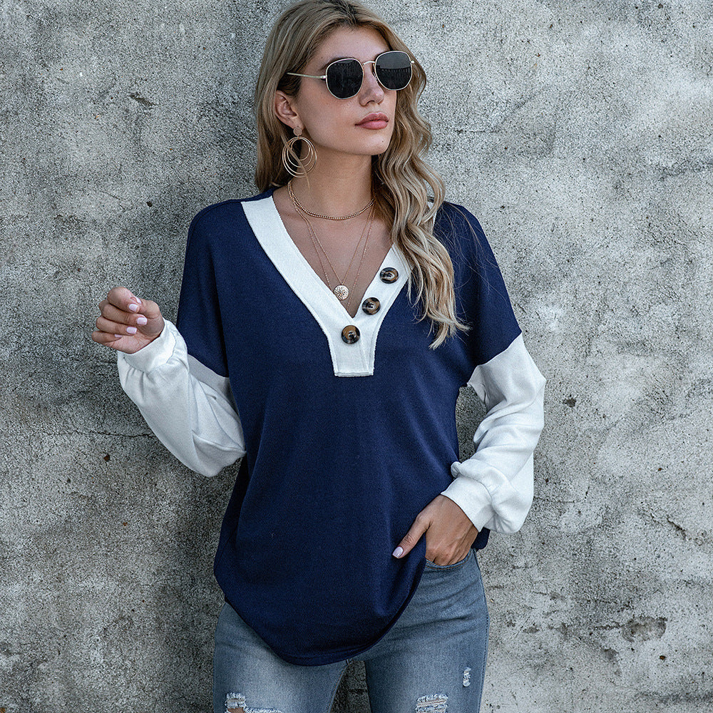 Spring Women Clothing V neck Double Breasted Solid Color Stitching Button Pullover Sweater T shirt  Women