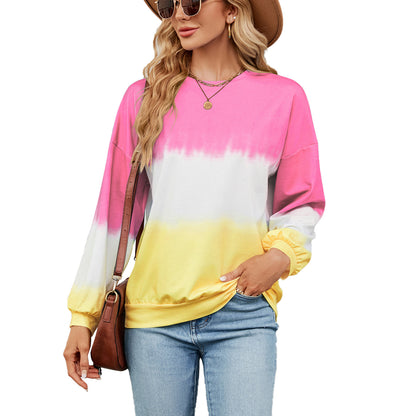 Autumn Winter Tie-Dye Contrast Color round Neck Long Sleeve Loose Sweatshirt