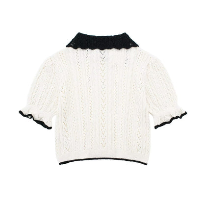 Spring Women Clothing Street Small round Collared Thin Band Color Matching Short Sleeve Sweater