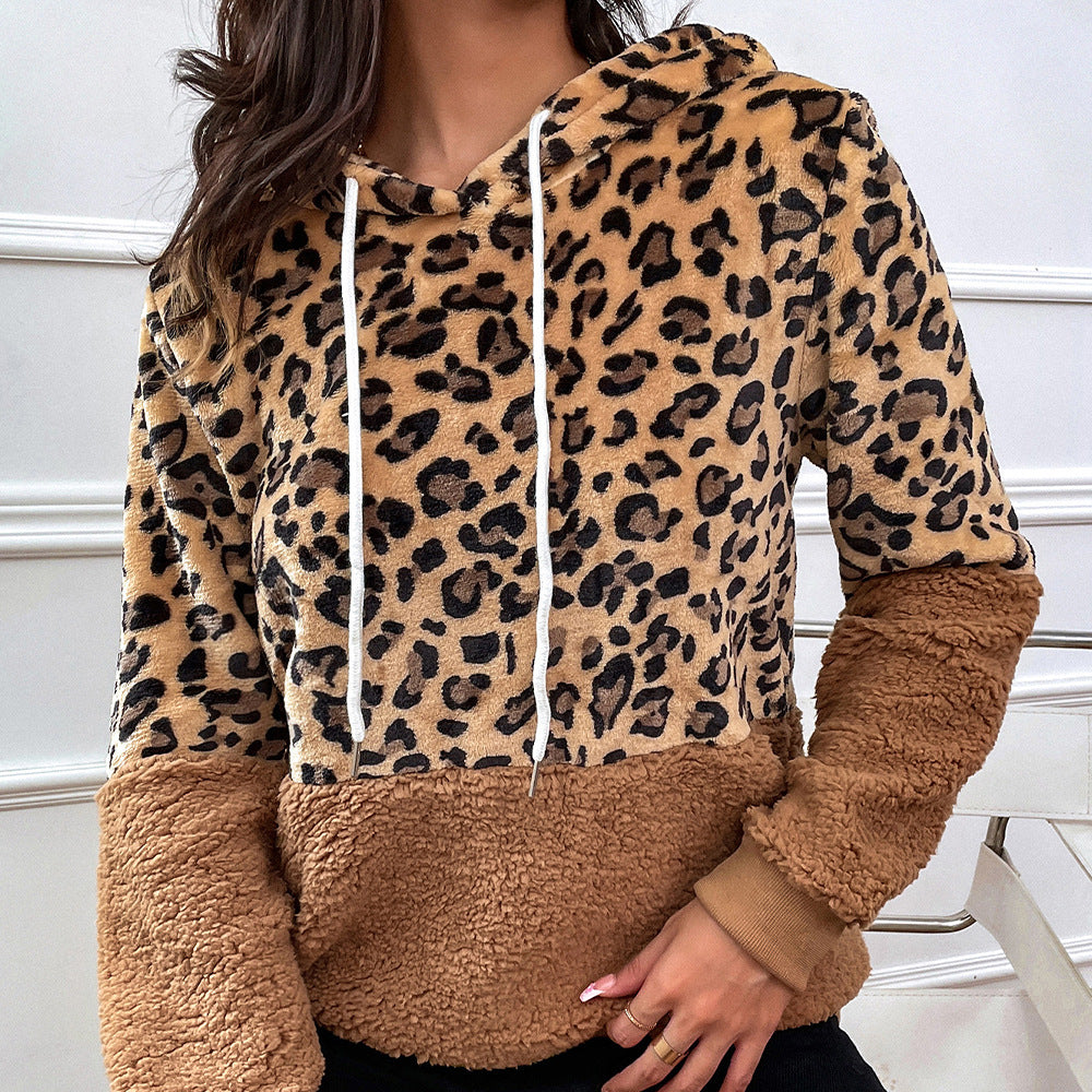 Autumn Winter Women Clothing Hooded Fluffy Leopard Patchwork Sweater Fleece Shirt Women Top