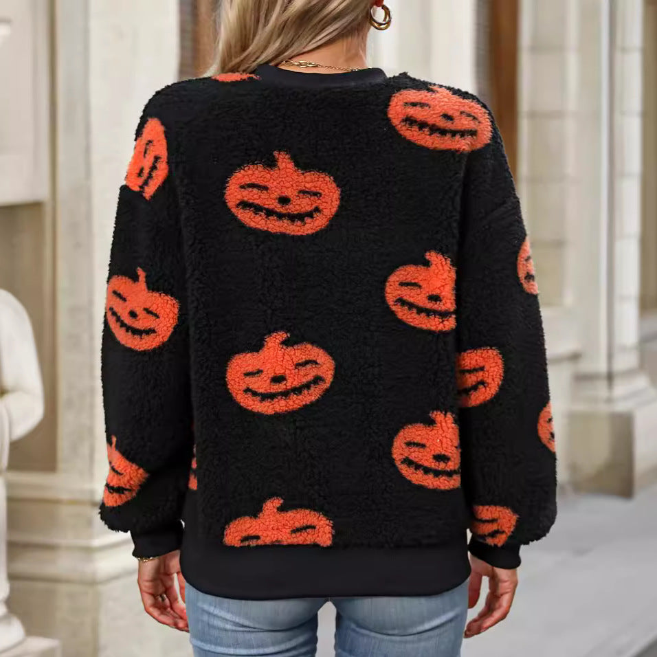 Women Autumn Winter Halloween Printed Plush Loose Pullover Sweatershirt