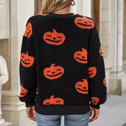 Women Autumn Winter Halloween Printed Plush Loose Pullover Sweatershirt