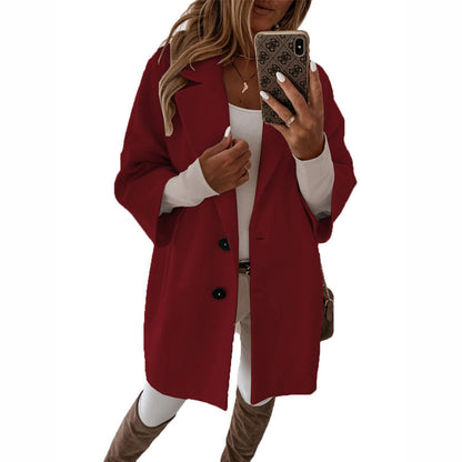 Autumn Winter Three Quarter Sleeve Button Collared Pocket Woolen Coat Women Clothing