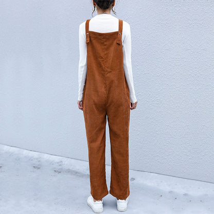 Autumn Women Brown Loose Corduroy Suspender Pants