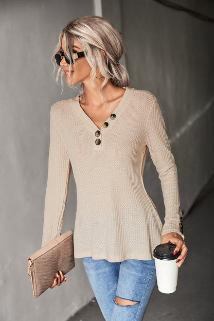 Autumn Women Clothing Solid Color Waffle Button Top