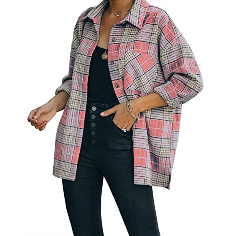 Plaid Shirt Women Mid-Length Long Sleeve Women Coat Plaid Shirt Top