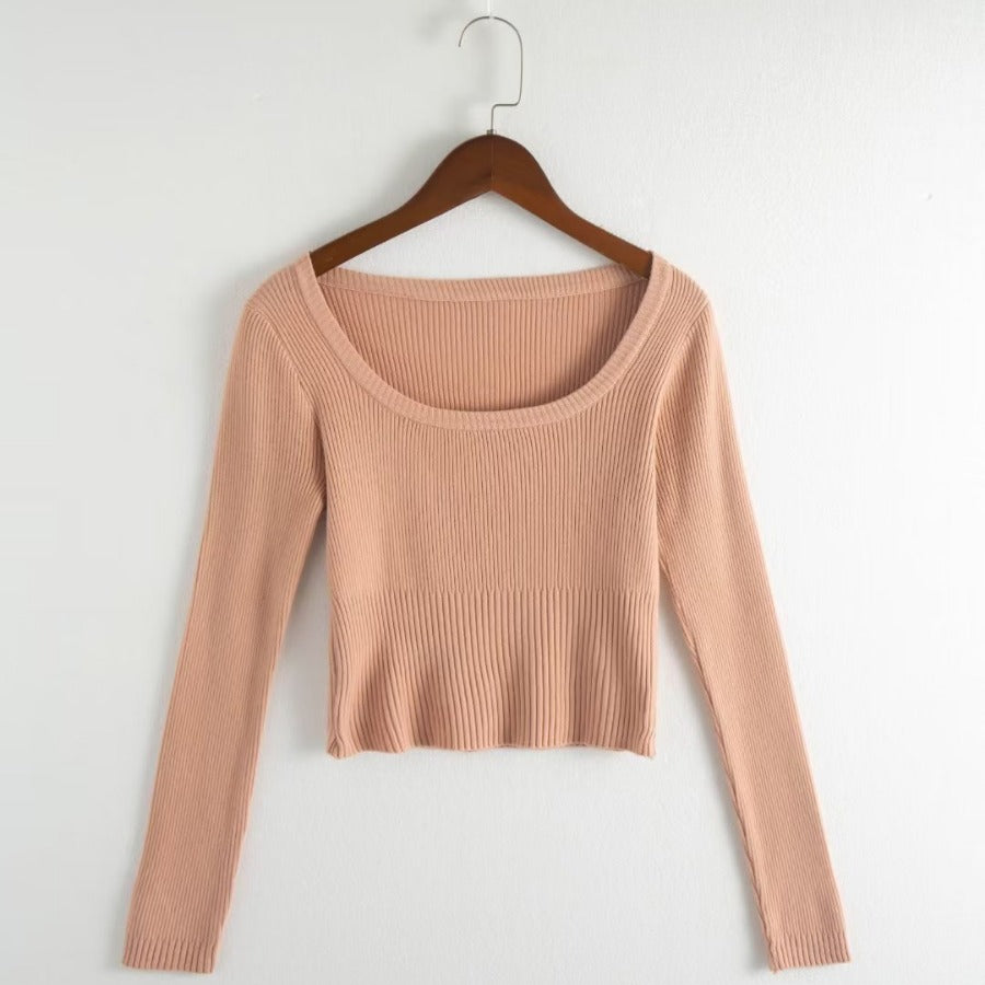 Autumn round Neck Slim Fit Short Long Sleeve Solid Color Women Knitwear Tops