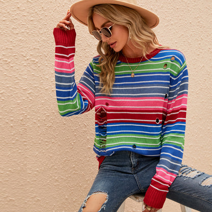 Autumn Winter Color Sweater Long Sleeve round Neck Striped Sweater Loose Casual Contrast Color Ripped Sweater