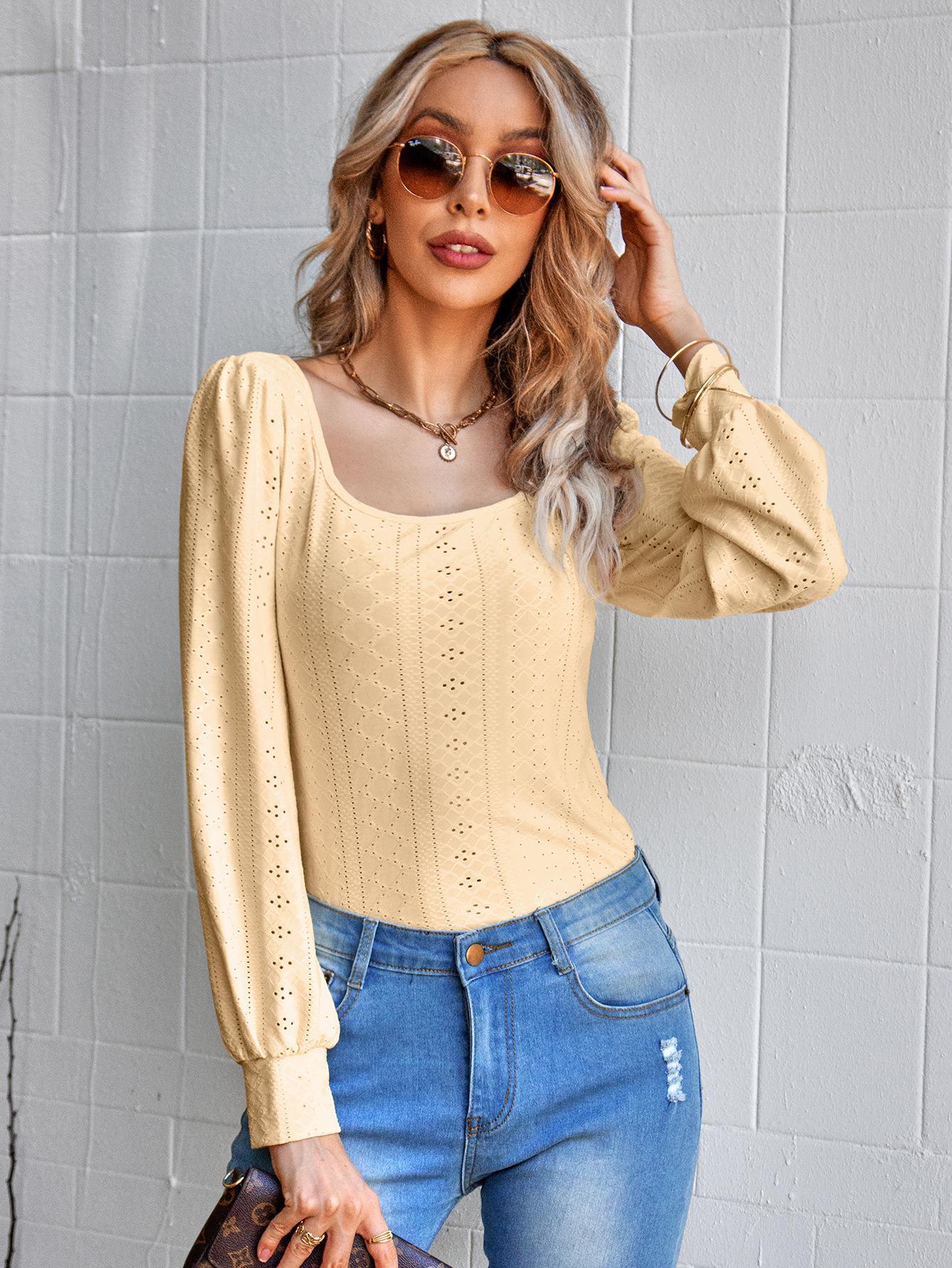 Autumn Winter Women Clothing Solid Color U Collar Openwork Knitted Top