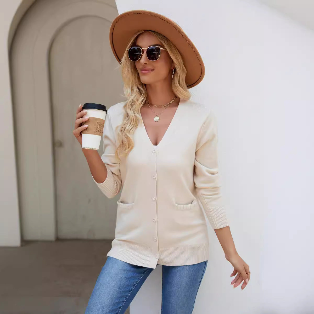 Knitted Cardigan Sweater Women Autumn Winter V Neck Long Sleeve Solid Color Single Breasted Women Knitwear Women